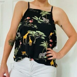 Safari Animal Print Black Halter Tank Small | Zebra Giraffe Flamingo Y2K Resort